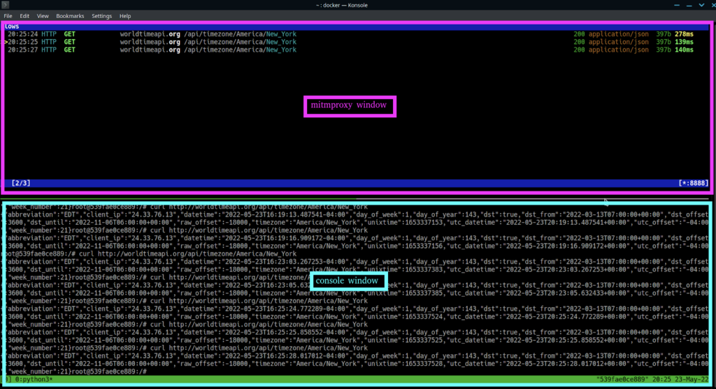 Split terminal view with mitmproxy above and a console window below