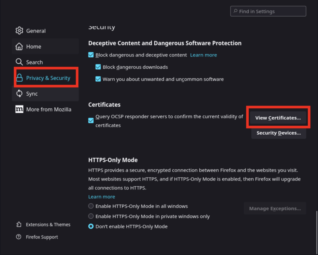 Navigating to certificate settings in Firefox