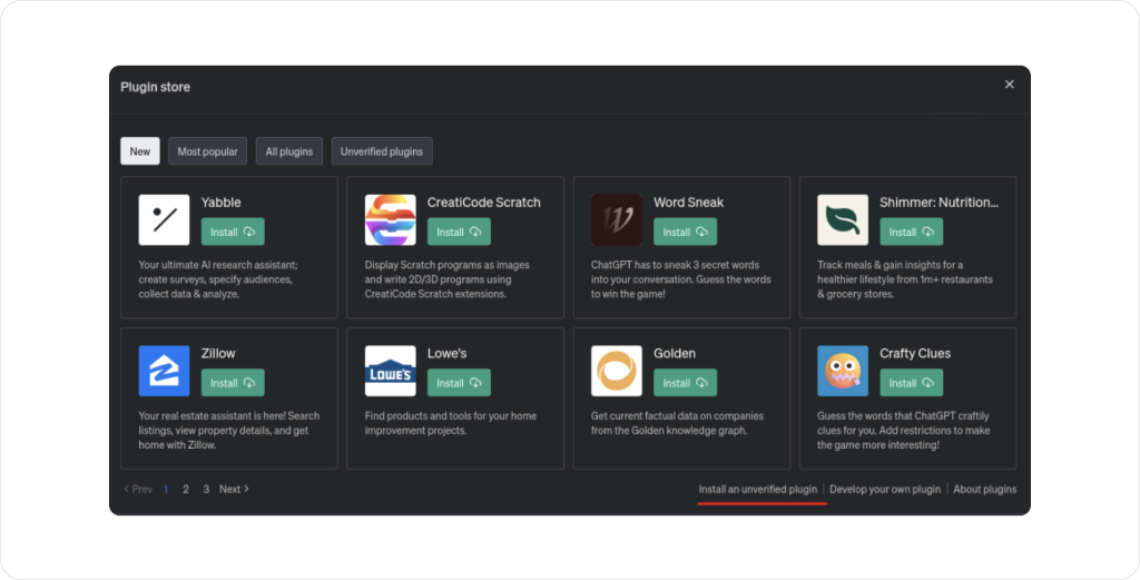 Screenshot of ChatGPT plugin store